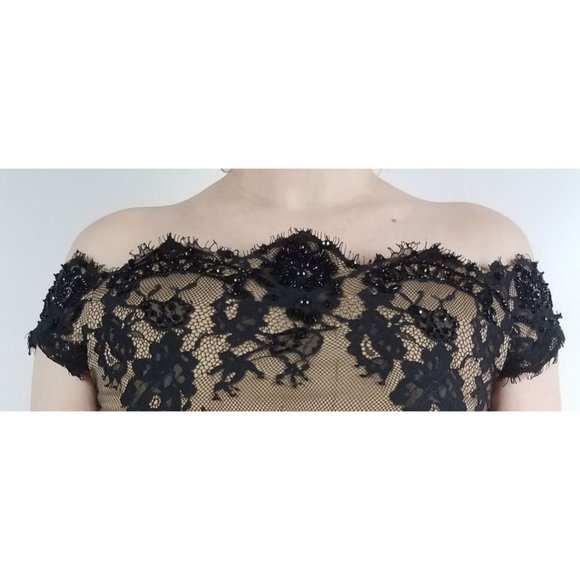 Tadashi Shoji Women's Sz. 4 Black Lace & Nude Off The Shoulder Long Evening Gown - Picture 10 of 10